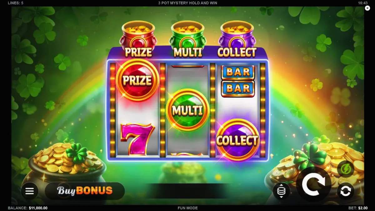 Interface do jogo 3 Pot Mystery Hold and Win com símbolos dourados